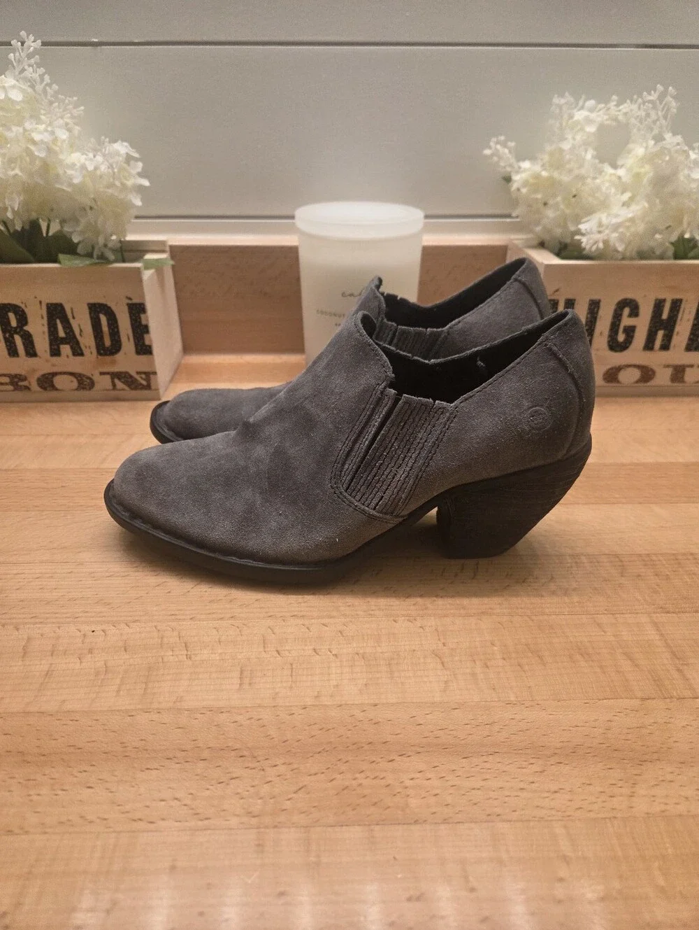 Born Womens Fredrika Boots Size 7 Gray Distressed Suede Bootie Mid Block Heel
